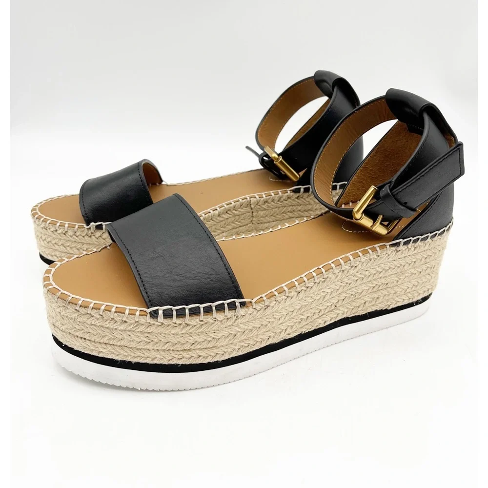 See By Chloe Black Leather Espadrille Platform Sandals
